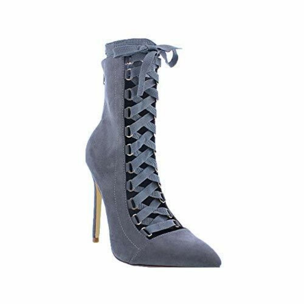 Liliana Gisele-61 Grey Lace Up Ankle Booties Size 6 NIB Stiletto Pointed Toe